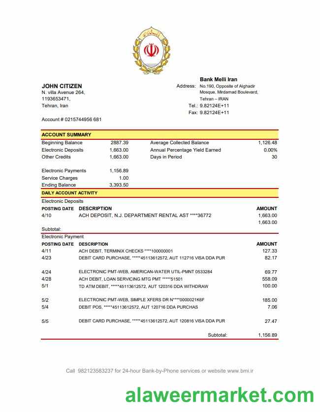 Iran Melli Bank statement template in .xls and .pdf file format